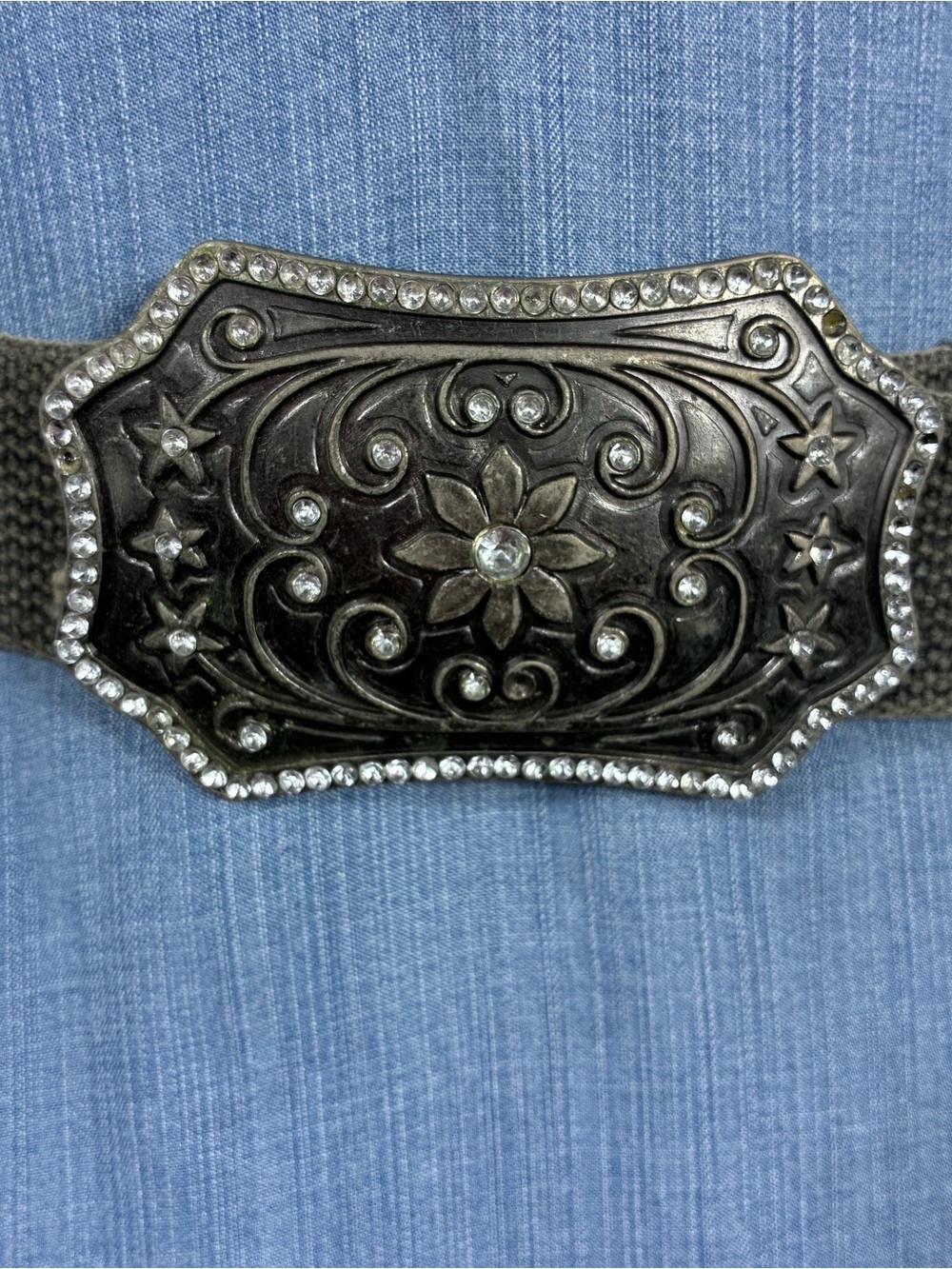 Womens belt 41” long floral buckle with rhinestones *some flaws, see all pics